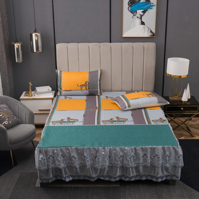 91家纺网 家纺一手货源 找家纺 纽缦  2021新款冰丝凉席三件套床裙款 卡其落