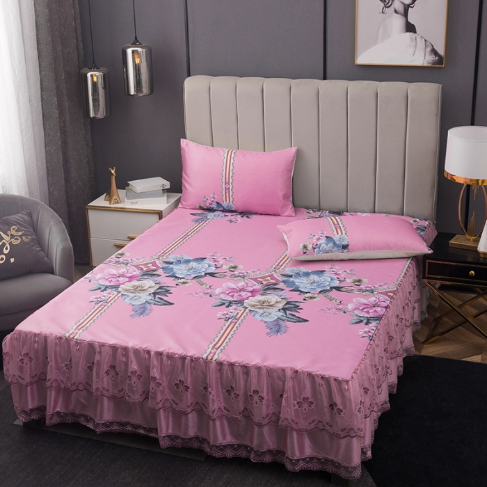 91家纺网 家纺一手货源 找家纺 纽缦  2021新款冰丝凉席三件套床裙款 克洛伊粉