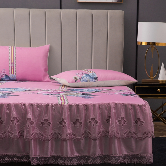 91家纺网 家纺一手货源 找家纺 纽缦  2021新款冰丝凉席三件套床裙款 克洛伊粉