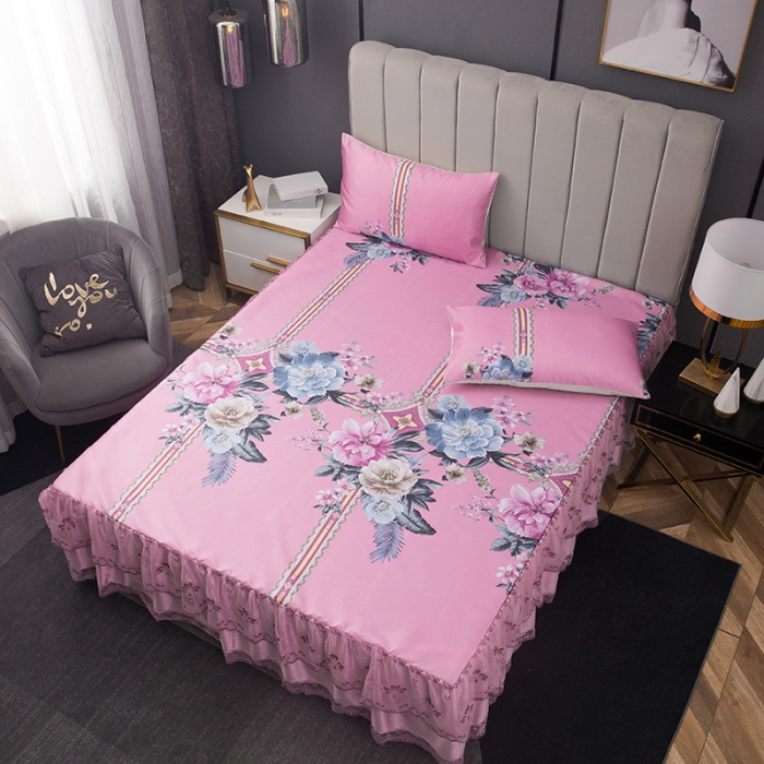 91家纺网 家纺一手货源 找家纺 纽缦  2021新款冰丝凉席三件套床裙款 克洛伊粉