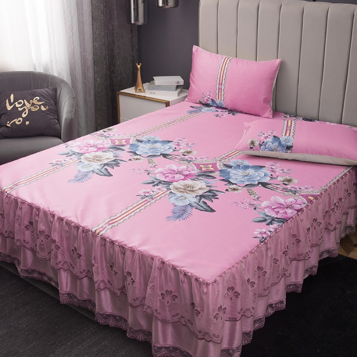 91家纺网 家纺一手货源 找家纺 纽缦  2021新款冰丝凉席三件套床裙款 克洛伊粉