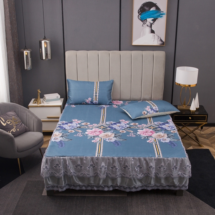 91家纺网 家纺一手货源 找家纺 纽缦  2021新款冰丝凉席三件套床裙款 克洛伊兰