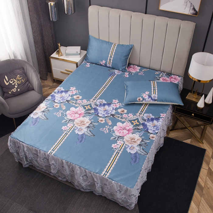 91家纺网 家纺一手货源 找家纺 纽缦  2021新款冰丝凉席三件套床裙款 克洛伊兰