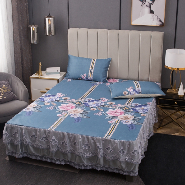 91家纺网 家纺一手货源 找家纺 纽缦  2021新款冰丝凉席三件套床裙款 克洛伊兰