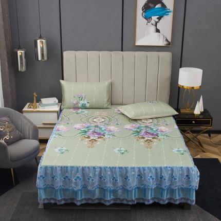 纽缦 2021新款冰丝凉席三件套床裙款 满庭芳绿