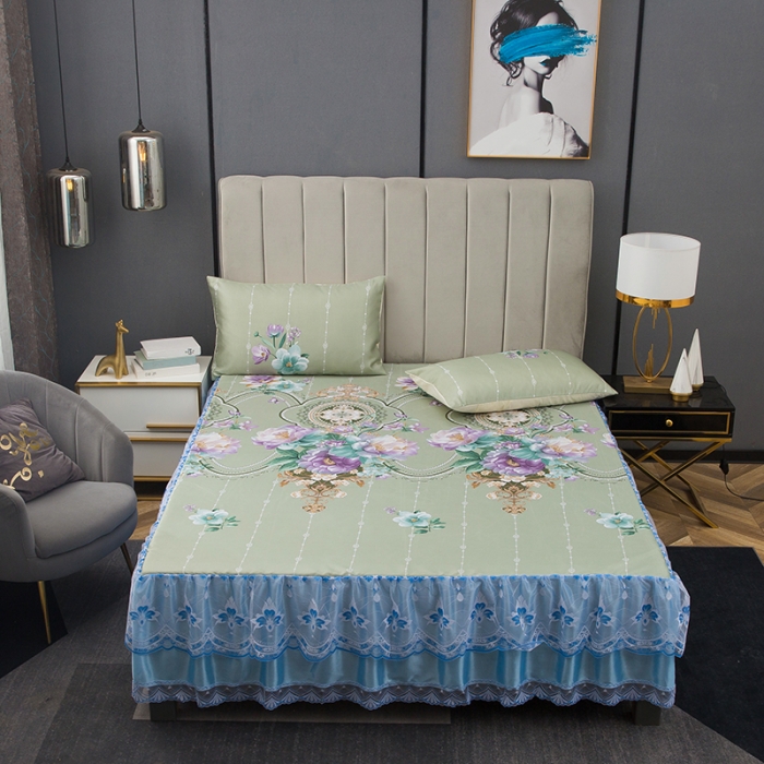 91家纺网 家纺一手货源 找家纺 纽缦  2021新款冰丝凉席三件套床裙款 满庭芳绿