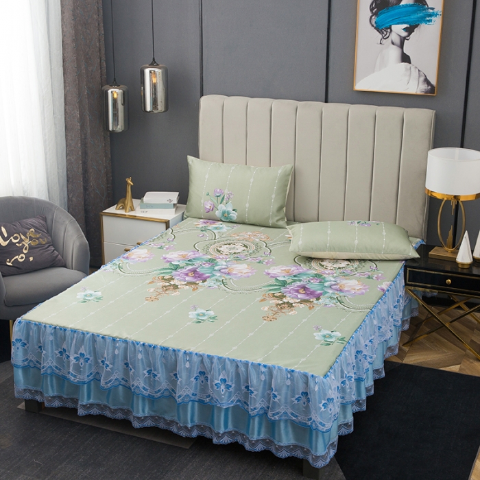 91家纺网 家纺一手货源 找家纺 纽缦  2021新款冰丝凉席三件套床裙款 满庭芳绿