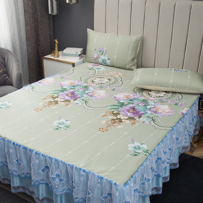 91家纺网 家纺一手货源 找家纺 纽缦  2021新款冰丝凉席三件套床裙款 满庭芳绿