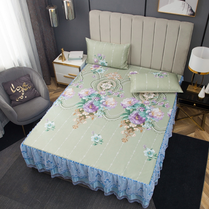 91家纺网 家纺一手货源 找家纺 纽缦  2021新款冰丝凉席三件套床裙款 满庭芳绿