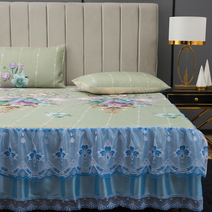 91家纺网 家纺一手货源 找家纺 纽缦  2021新款冰丝凉席三件套床裙款 满庭芳绿