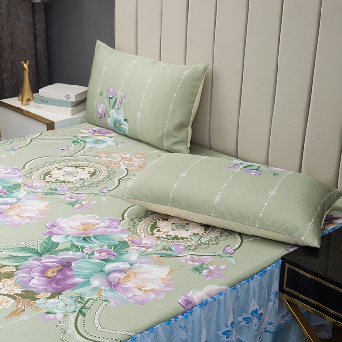 91家纺网 家纺一手货源 找家纺 纽缦  2021新款冰丝凉席三件套床裙款 满庭芳绿