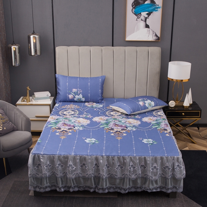 91家纺网 家纺一手货源 找家纺 纽缦  2021新款冰丝凉席三件套床裙款 满庭芳紫