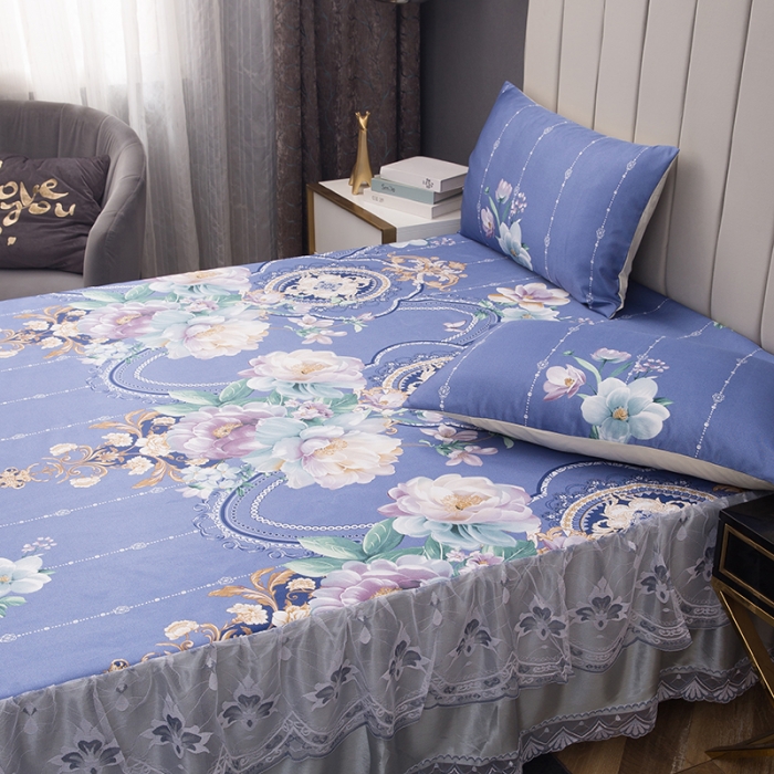 91家纺网 家纺一手货源 找家纺 纽缦  2021新款冰丝凉席三件套床裙款 满庭芳紫