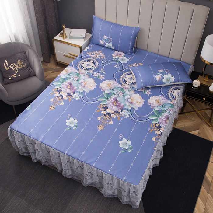 91家纺网 家纺一手货源 找家纺 纽缦  2021新款冰丝凉席三件套床裙款 满庭芳紫