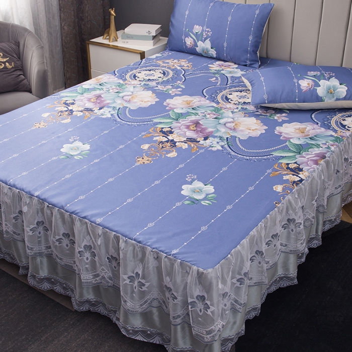 91家纺网 家纺一手货源 找家纺 纽缦  2021新款冰丝凉席三件套床裙款 满庭芳紫