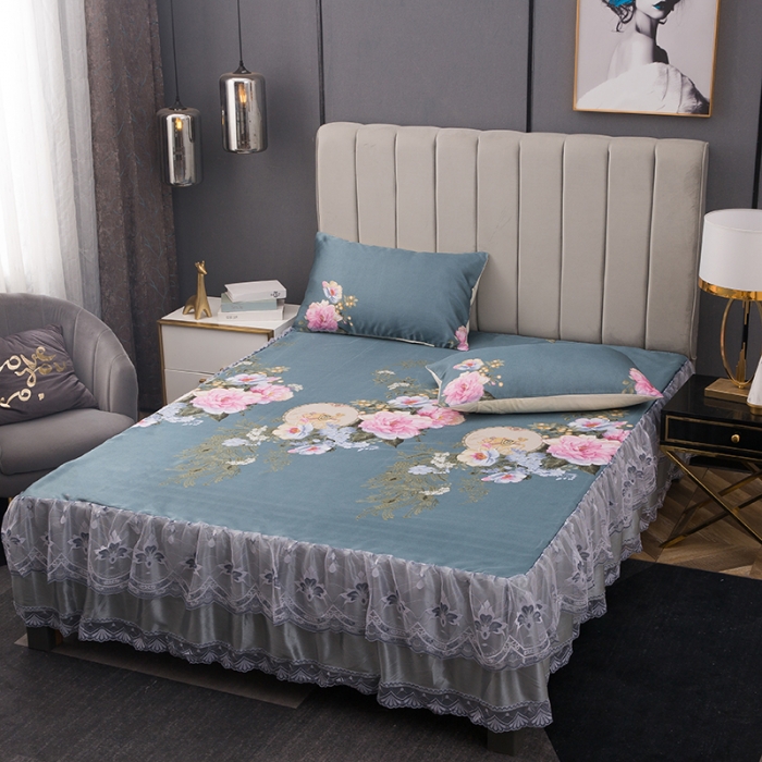 91家纺网 家纺一手货源 找家纺 纽缦  2021新款冰丝凉席三件套床裙款 梦蝶