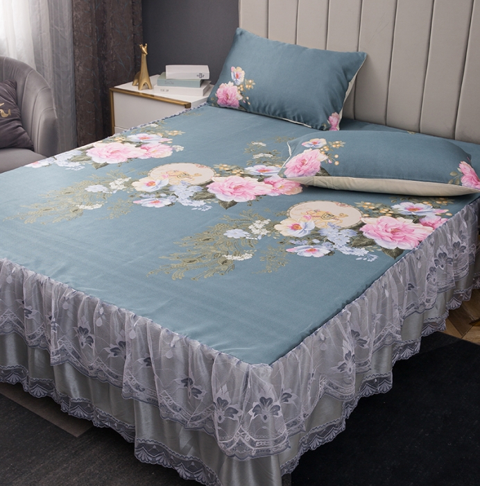 91家纺网 家纺一手货源 找家纺 纽缦  2021新款冰丝凉席三件套床裙款 梦蝶