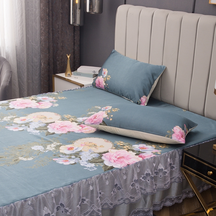 91家纺网 家纺一手货源 找家纺 纽缦  2021新款冰丝凉席三件套床裙款 梦蝶