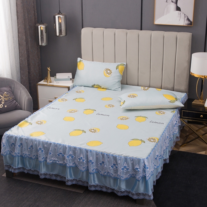 91家纺网 家纺一手货源 找家纺 纽缦  2021新款冰丝凉席三件套床裙款 柠檬