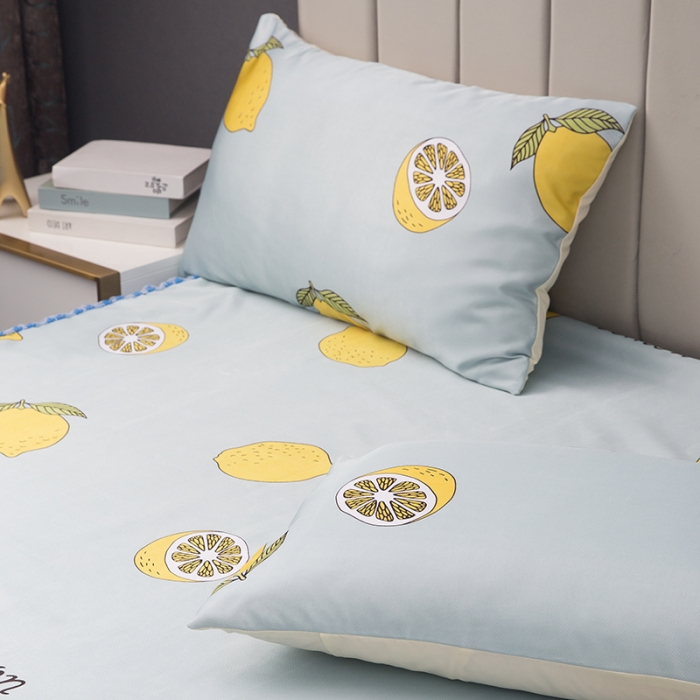 91家纺网 家纺一手货源 找家纺 纽缦  2021新款冰丝凉席三件套床裙款 柠檬