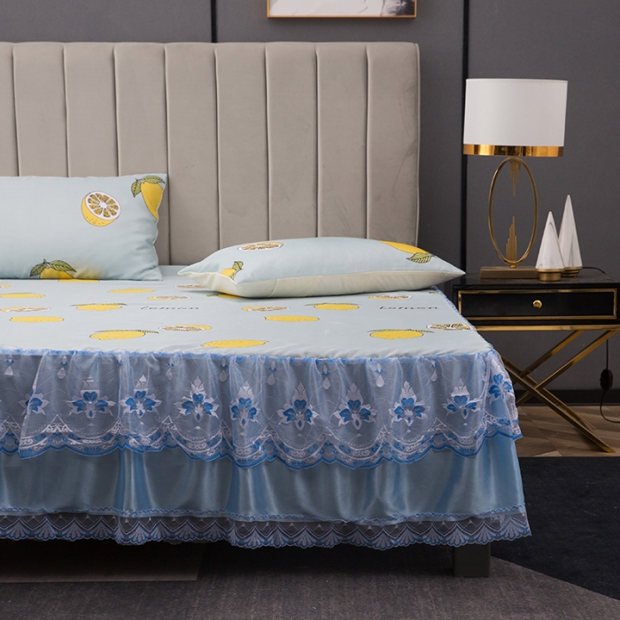 91家纺网 家纺一手货源 找家纺 纽缦  2021新款冰丝凉席三件套床裙款 柠檬