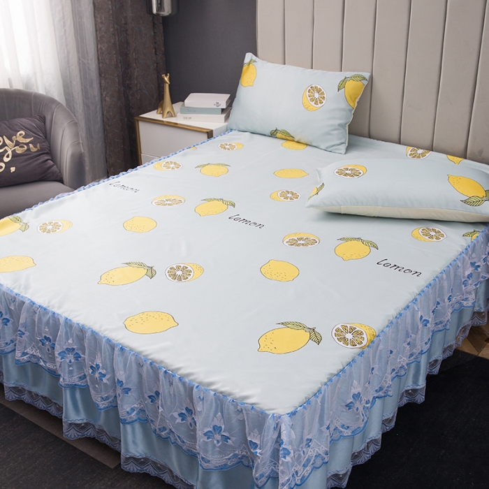 91家纺网 家纺一手货源 找家纺 纽缦  2021新款冰丝凉席三件套床裙款 柠檬