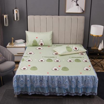 纽缦 2021新款冰丝凉席三件套床裙款 牛油果