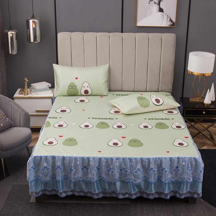 91家纺网 家纺一手货源 找家纺 纽缦  2021新款冰丝凉席三件套床裙款 牛油果