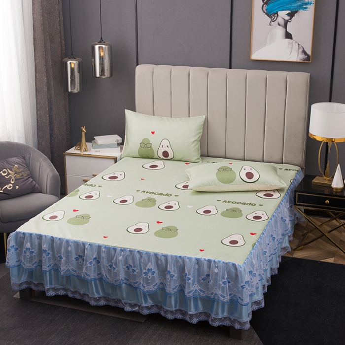 91家纺网 家纺一手货源 找家纺 纽缦  2021新款冰丝凉席三件套床裙款 牛油果