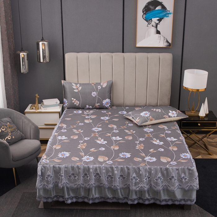 91家纺网 家纺一手货源 找家纺 纽缦  2021新款冰丝凉席三件套床裙款 诺尔曼灰