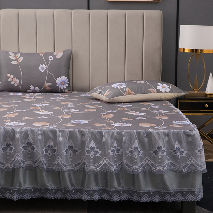 91家纺网 家纺一手货源 找家纺 纽缦  2021新款冰丝凉席三件套床裙款 诺尔曼灰