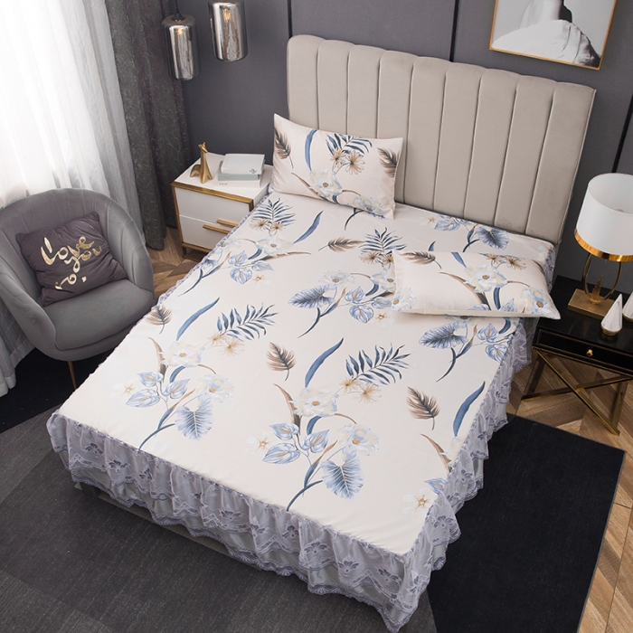 91家纺网 家纺一手货源 找家纺 纽缦  2021新款冰丝凉席三件套床裙款 清馨花园米