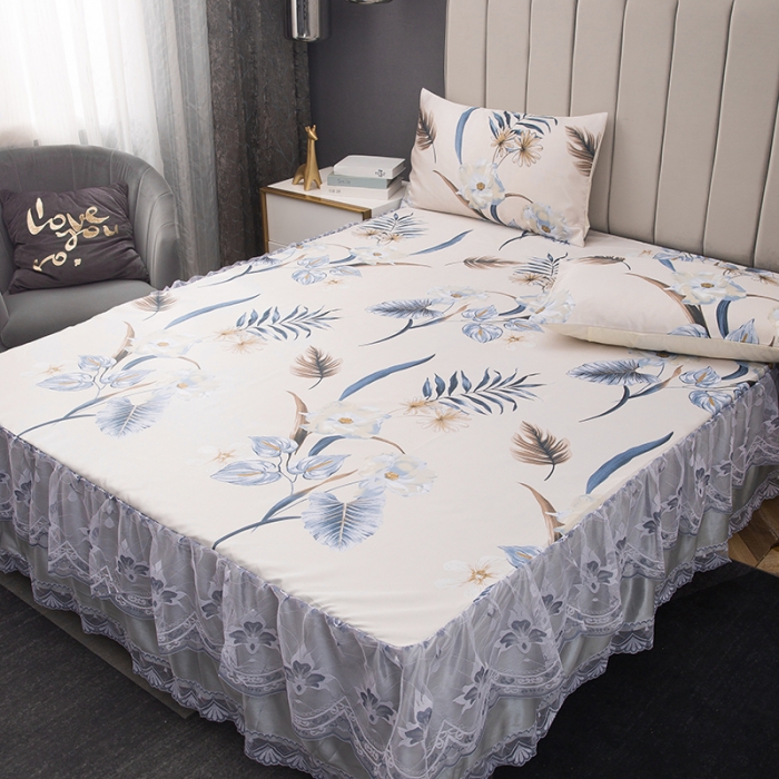 91家纺网 家纺一手货源 找家纺 纽缦  2021新款冰丝凉席三件套床裙款 清馨花园米