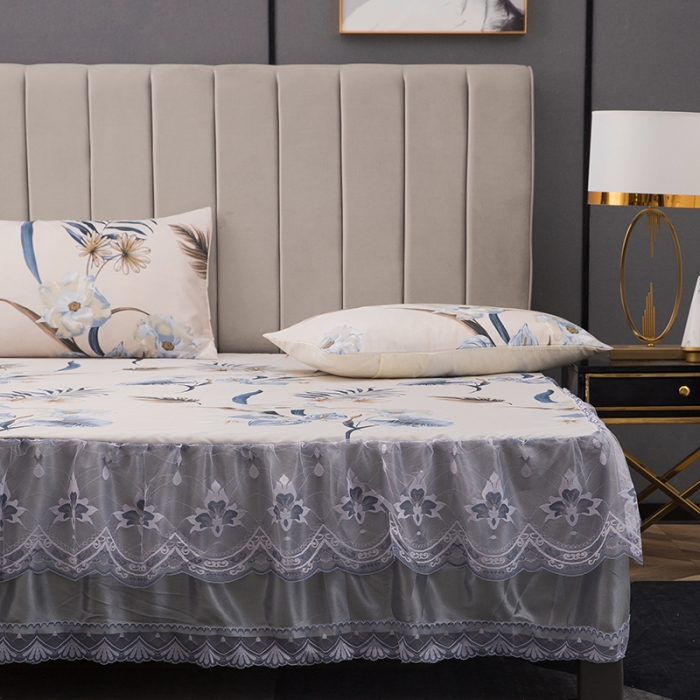 91家纺网 家纺一手货源 找家纺 纽缦  2021新款冰丝凉席三件套床裙款 清馨花园米