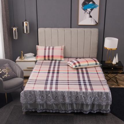 纽缦 2021新款冰丝凉席三件套床裙款 时尚彩格粉