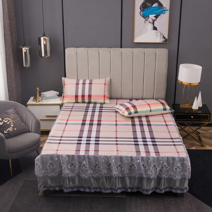 91家纺网 家纺一手货源 找家纺 纽缦  2021新款冰丝凉席三件套床裙款 时尚彩格粉