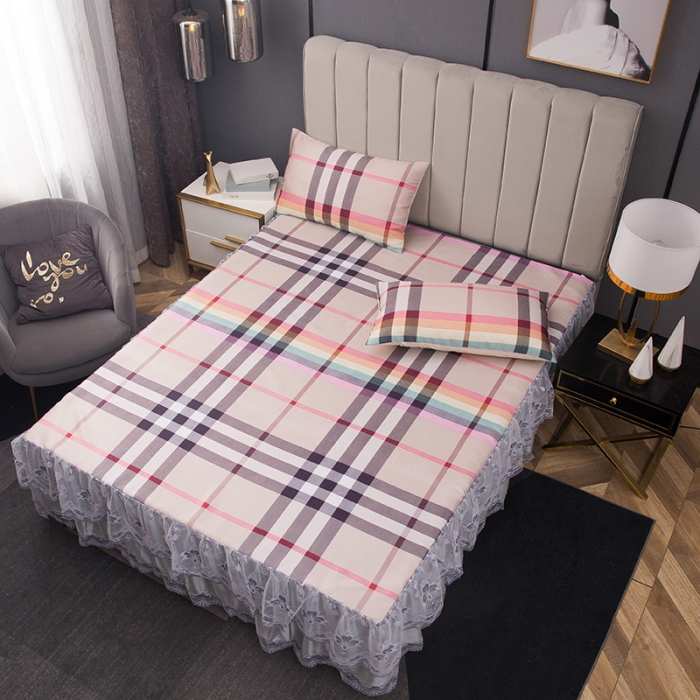 91家纺网 家纺一手货源 找家纺 纽缦  2021新款冰丝凉席三件套床裙款 时尚彩格粉