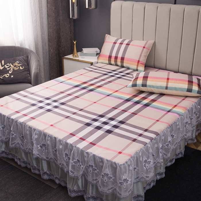 91家纺网 家纺一手货源 找家纺 纽缦  2021新款冰丝凉席三件套床裙款 时尚彩格粉