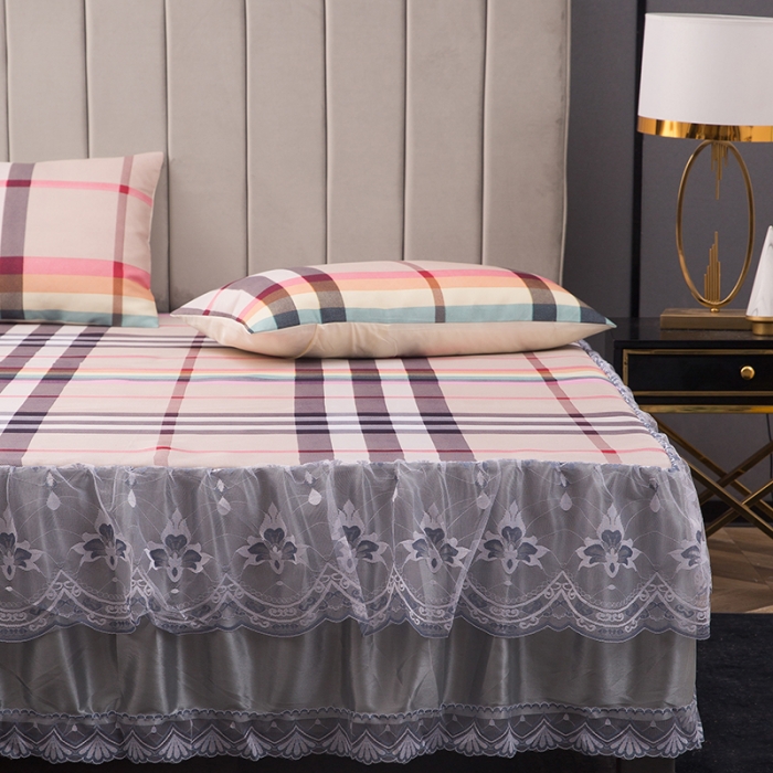 91家纺网 家纺一手货源 找家纺 纽缦  2021新款冰丝凉席三件套床裙款 时尚彩格粉