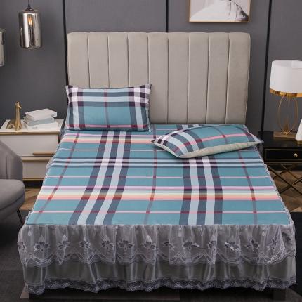 纽缦 2021新款冰丝凉席三件套床裙款 时尚彩格绿