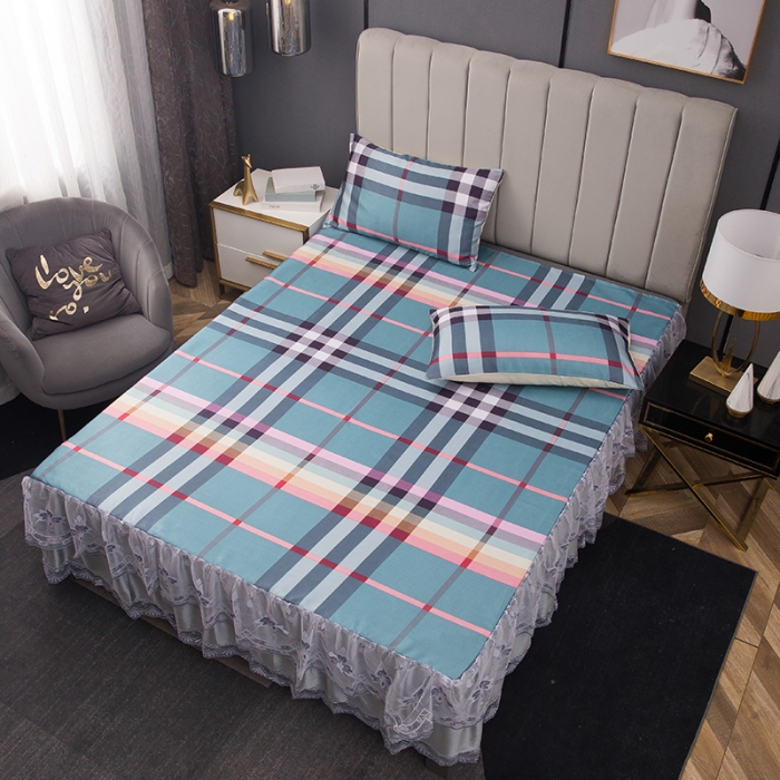 91家纺网 家纺一手货源 找家纺 纽缦  2021新款冰丝凉席三件套床裙款 时尚彩格绿