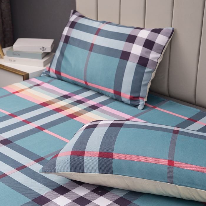 91家纺网 家纺一手货源 找家纺 纽缦  2021新款冰丝凉席三件套床裙款 时尚彩格绿