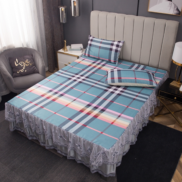 91家纺网 家纺一手货源 找家纺 纽缦  2021新款冰丝凉席三件套床裙款 时尚彩格绿