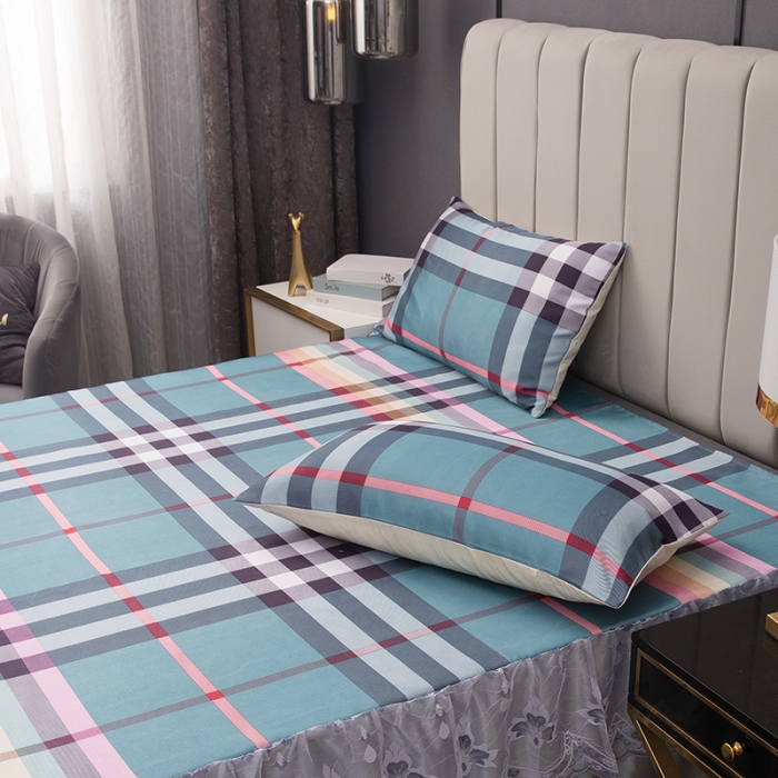 91家纺网 家纺一手货源 找家纺 纽缦  2021新款冰丝凉席三件套床裙款 时尚彩格绿