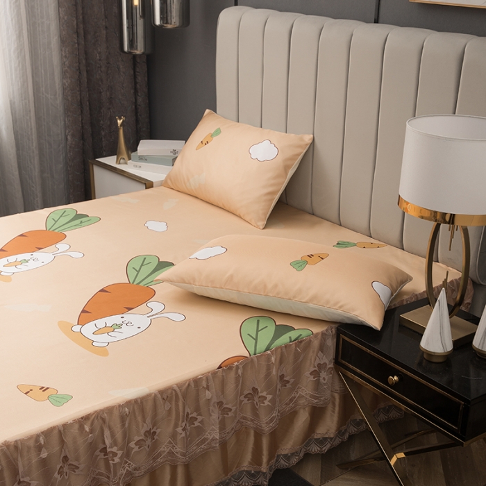 91家纺网 家纺一手货源 找家纺 纽缦  2021新款冰丝凉席三件套床裙款 兔兔爱萝卜