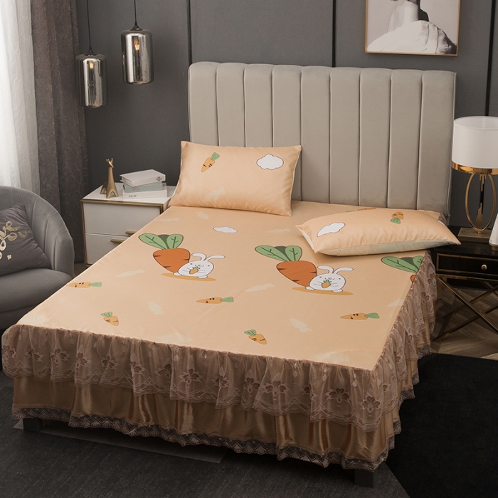 91家纺网 家纺一手货源 找家纺 纽缦  2021新款冰丝凉席三件套床裙款 兔兔爱萝卜