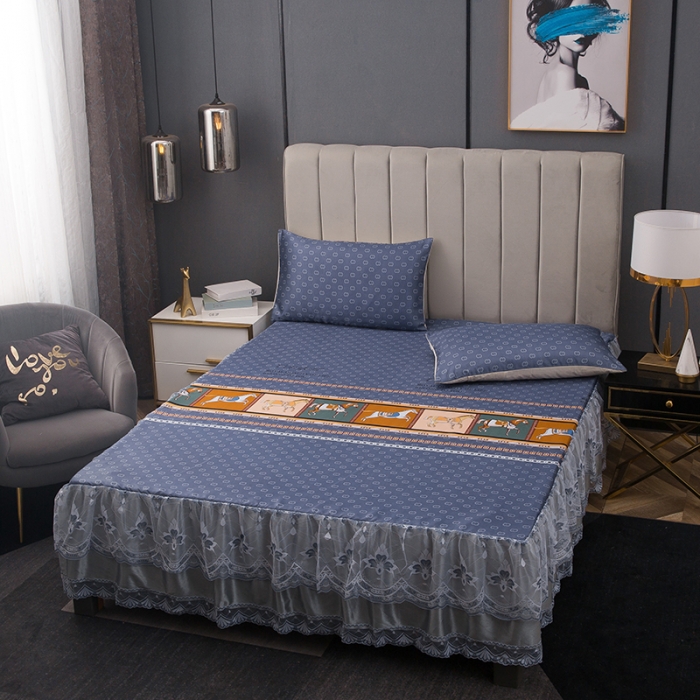 91家纺网 家纺一手货源 找家纺 纽缦  2021新款冰丝凉席三件套床裙款 闲趣时光