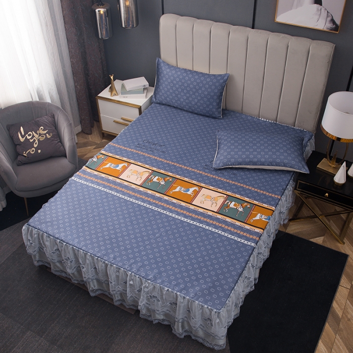 91家纺网 家纺一手货源 找家纺 纽缦  2021新款冰丝凉席三件套床裙款 闲趣时光