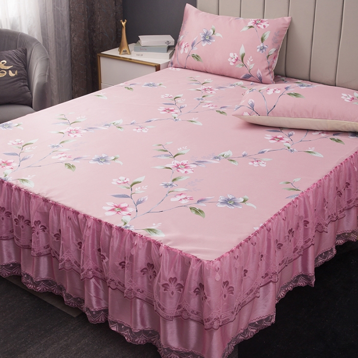 91家纺网 家纺一手货源 找家纺 纽缦  2021新款冰丝凉席三件套床裙款 小叶花香粉