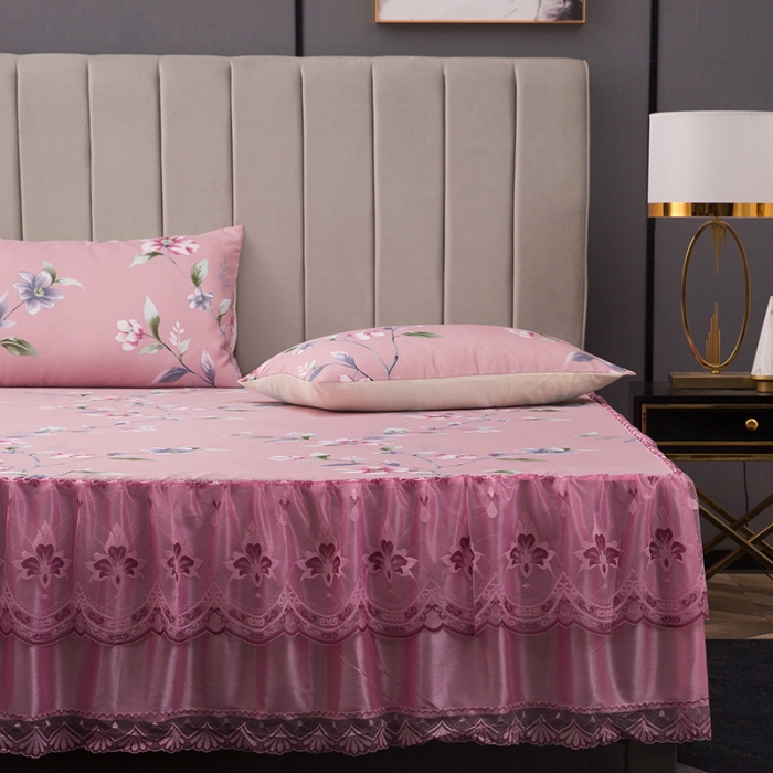 91家纺网 家纺一手货源 找家纺 纽缦  2021新款冰丝凉席三件套床裙款 小叶花香粉